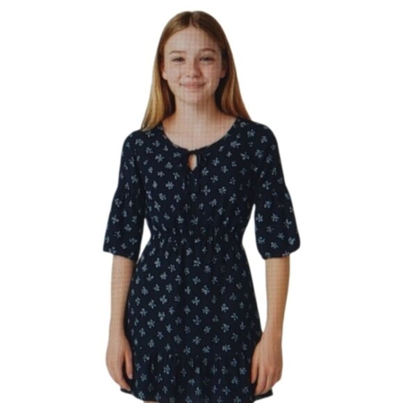 Justice Floral Tassel Neck Dress Fluted 3/4 Sleeve Navy Blue White 12 - Picture 1 of 15